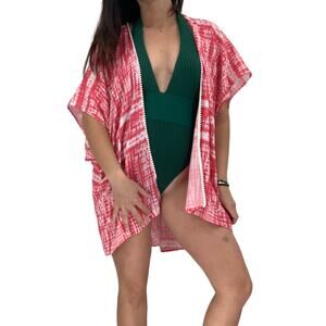 2/$30 FORTUNE Swimwear Cover Up One Size Johanna Pom Pom Kimono Open Front Pink